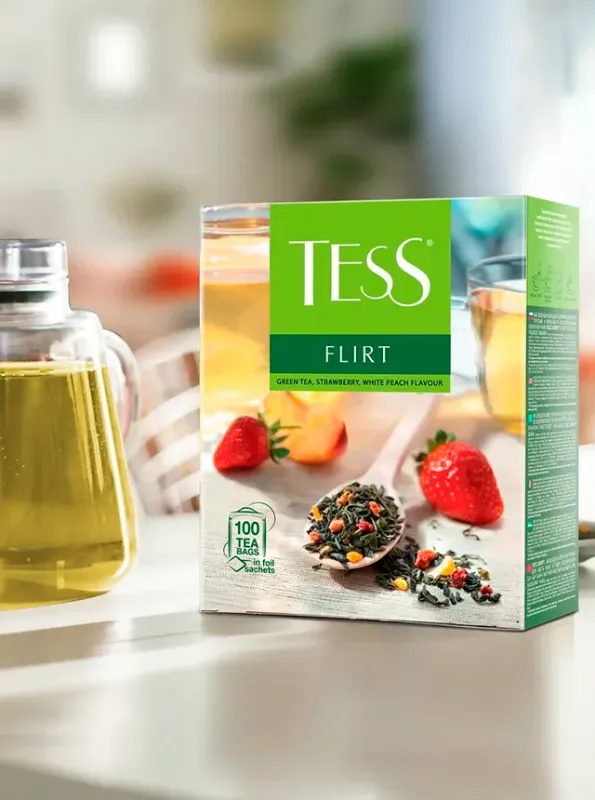 "TESS" Зеленый чай FLIRT с белым персиком и клубникой 100pcs